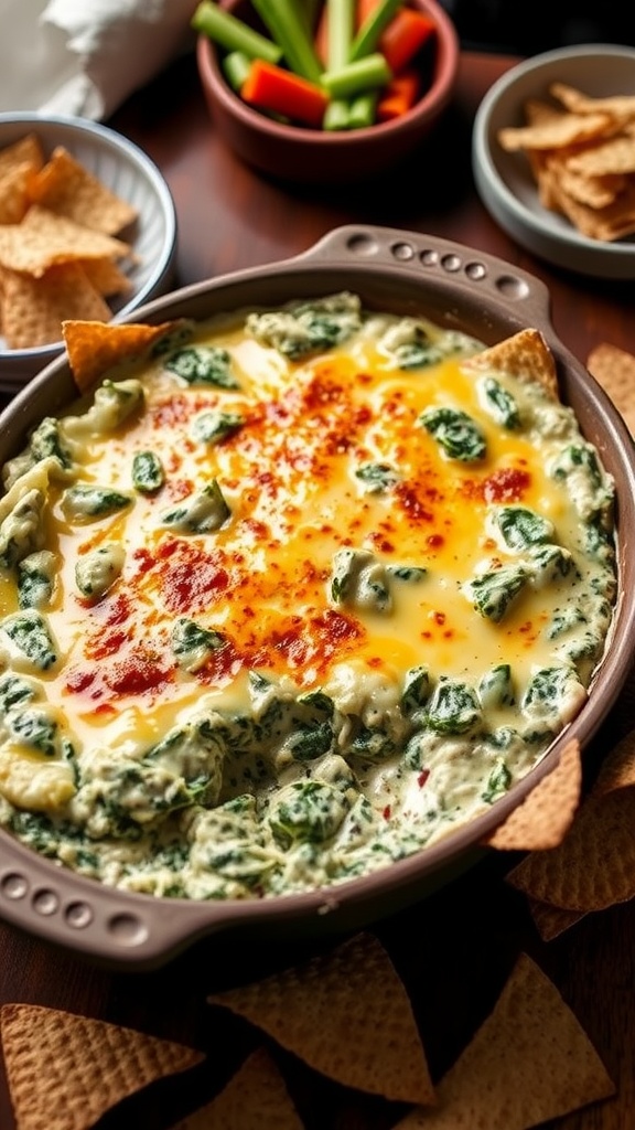 Creamy spinach and artichoke dip in a baking dish, served with tortilla chips and bread.